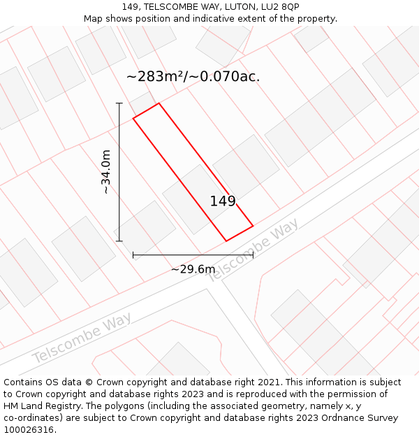 149, TELSCOMBE WAY, LUTON, LU2 8QP: Plot and title map