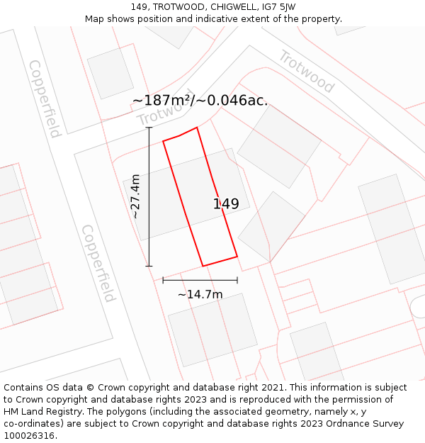 149, TROTWOOD, CHIGWELL, IG7 5JW: Plot and title map