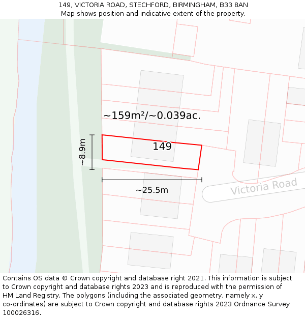 149, VICTORIA ROAD, STECHFORD, BIRMINGHAM, B33 8AN: Plot and title map