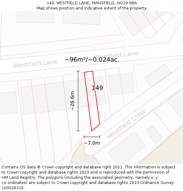 149, WESTFIELD LANE, MANSFIELD, NG19 6BA: Plot and title map