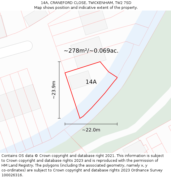 14A, CRANEFORD CLOSE, TWICKENHAM, TW2 7SD: Plot and title map