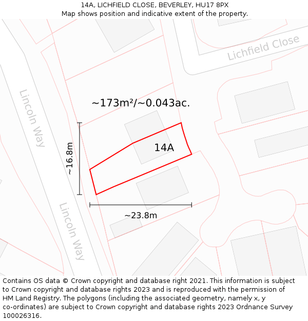 14A, LICHFIELD CLOSE, BEVERLEY, HU17 8PX: Plot and title map
