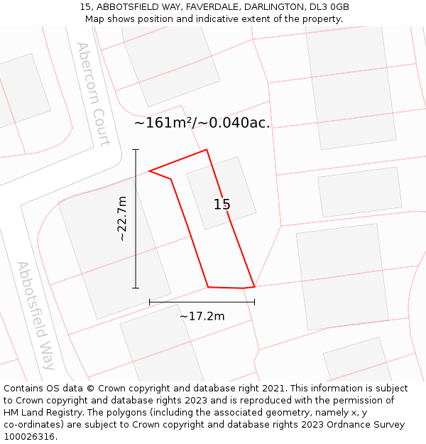 15, ABBOTSFIELD WAY, FAVERDALE, DARLINGTON, DL3 0GB: Plot and title map