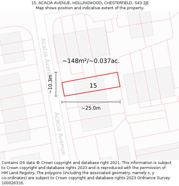 15, ACACIA AVENUE, HOLLINGWOOD, CHESTERFIELD, S43 2JE: Plot and title map
