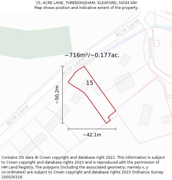 15, ACRE LANE, THREEKINGHAM, SLEAFORD, NG34 0AY: Plot and title map