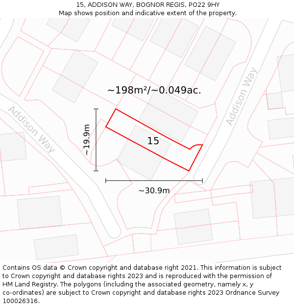 15, ADDISON WAY, BOGNOR REGIS, PO22 9HY: Plot and title map
