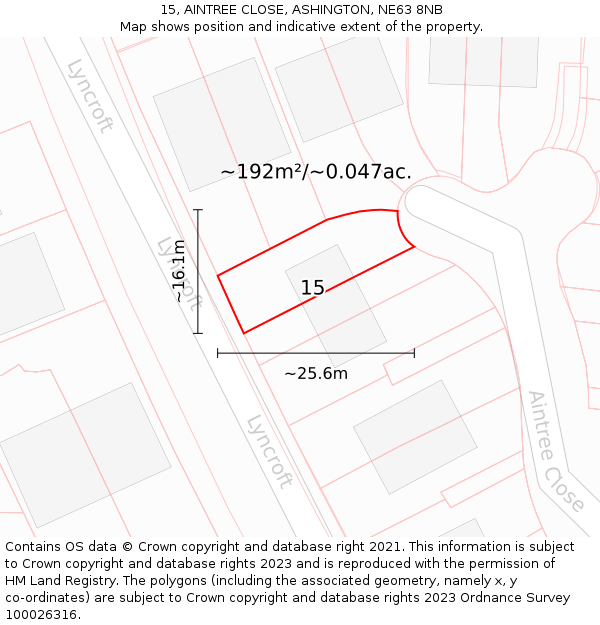 15, AINTREE CLOSE, ASHINGTON, NE63 8NB: Plot and title map