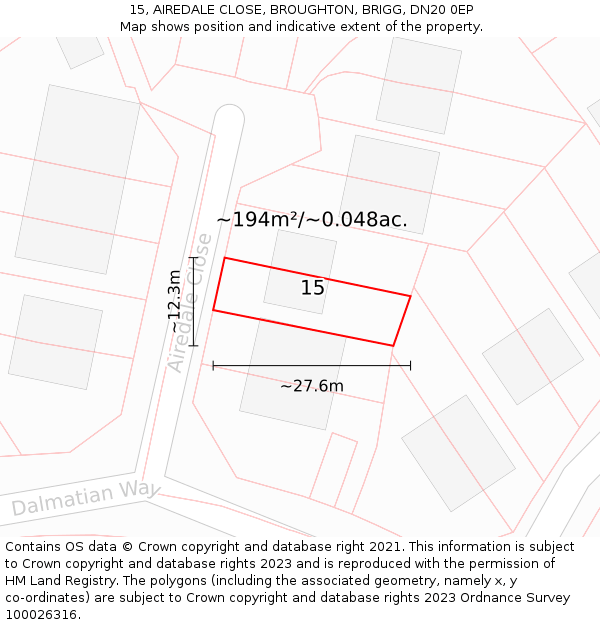15, AIREDALE CLOSE, BROUGHTON, BRIGG, DN20 0EP: Plot and title map