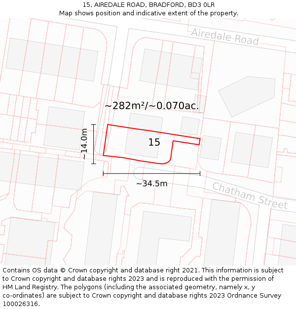 15, AIREDALE ROAD, BRADFORD, BD3 0LR: Plot and title map