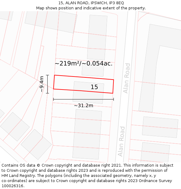 15, ALAN ROAD, IPSWICH, IP3 8EQ: Plot and title map