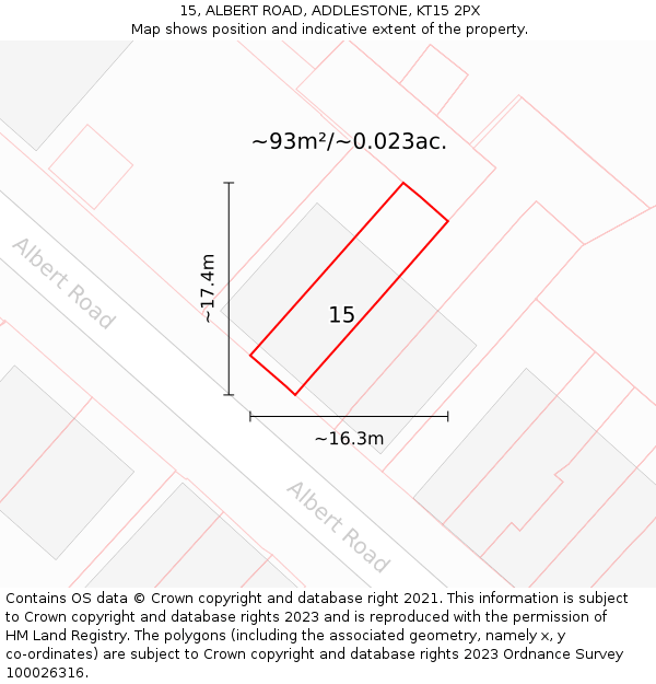 15, ALBERT ROAD, ADDLESTONE, KT15 2PX: Plot and title map
