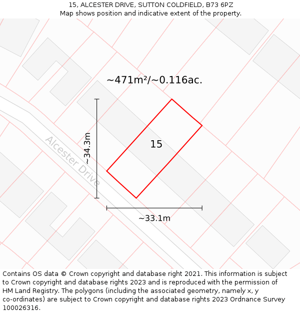 15, ALCESTER DRIVE, SUTTON COLDFIELD, B73 6PZ: Plot and title map