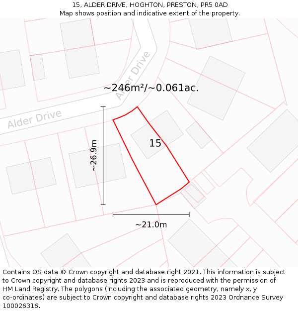 15, ALDER DRIVE, HOGHTON, PRESTON, PR5 0AD: Plot and title map