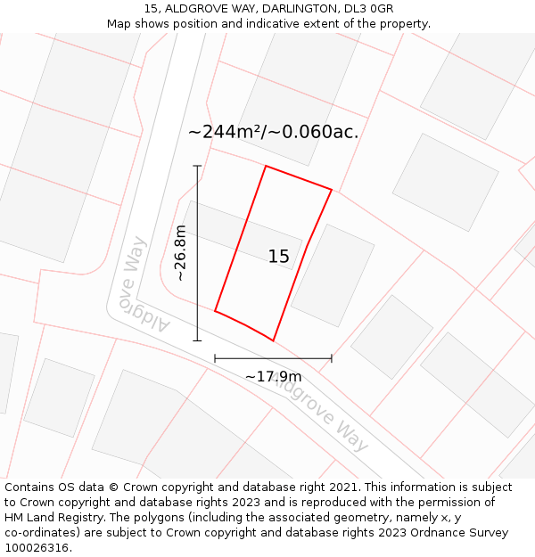 15, ALDGROVE WAY, DARLINGTON, DL3 0GR: Plot and title map