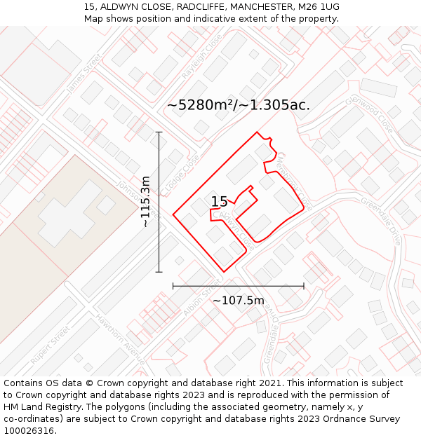 15, ALDWYN CLOSE, RADCLIFFE, MANCHESTER, M26 1UG: Plot and title map