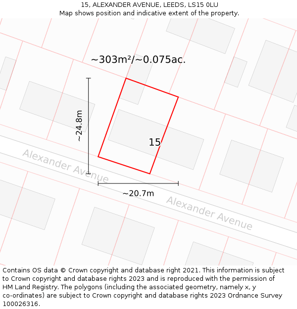 15, ALEXANDER AVENUE, LEEDS, LS15 0LU: Plot and title map