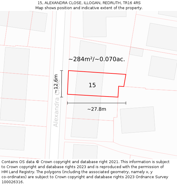 15, ALEXANDRA CLOSE, ILLOGAN, REDRUTH, TR16 4RS: Plot and title map