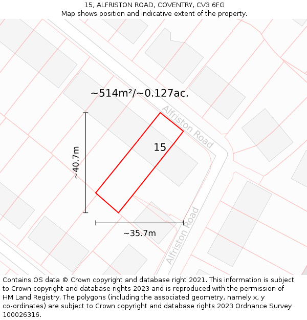 15, ALFRISTON ROAD, COVENTRY, CV3 6FG: Plot and title map