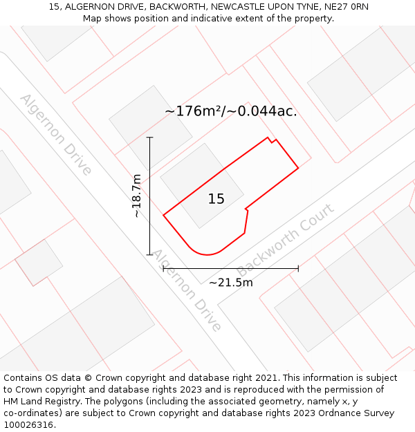 15, ALGERNON DRIVE, BACKWORTH, NEWCASTLE UPON TYNE, NE27 0RN: Plot and title map