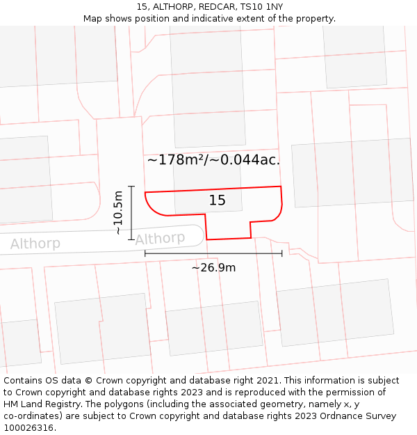 15, ALTHORP, REDCAR, TS10 1NY: Plot and title map