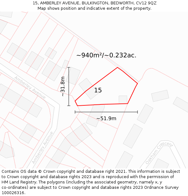 15, AMBERLEY AVENUE, BULKINGTON, BEDWORTH, CV12 9QZ: Plot and title map