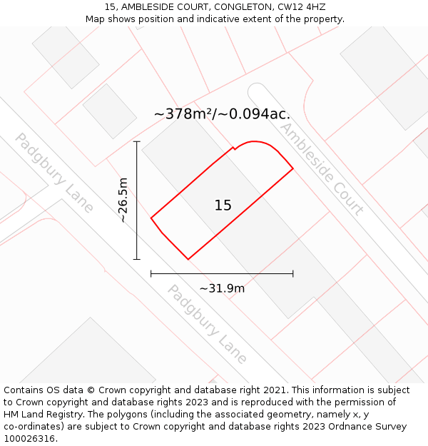15, AMBLESIDE COURT, CONGLETON, CW12 4HZ: Plot and title map