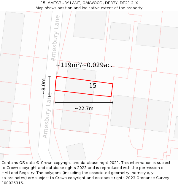 15, AMESBURY LANE, OAKWOOD, DERBY, DE21 2LX: Plot and title map