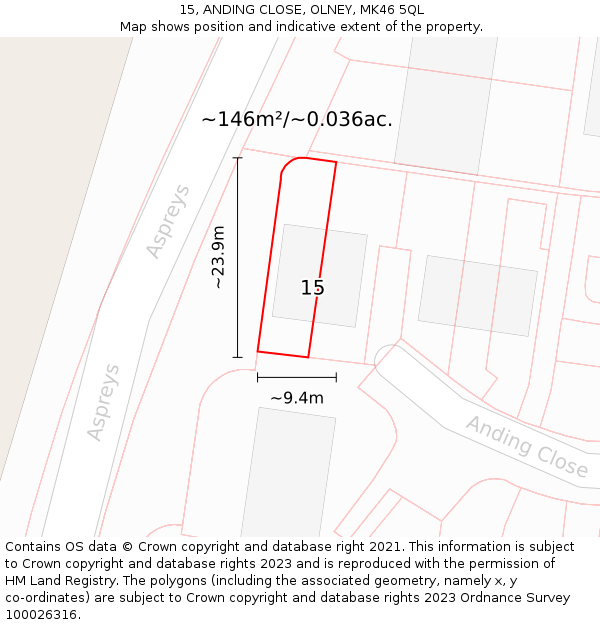 15, ANDING CLOSE, OLNEY, MK46 5QL: Plot and title map