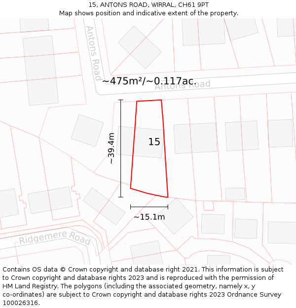 15, ANTONS ROAD, WIRRAL, CH61 9PT: Plot and title map