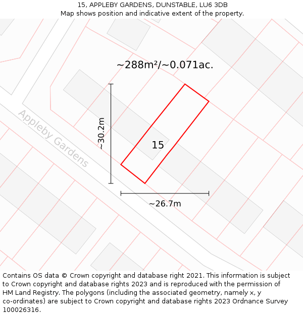15, APPLEBY GARDENS, DUNSTABLE, LU6 3DB: Plot and title map