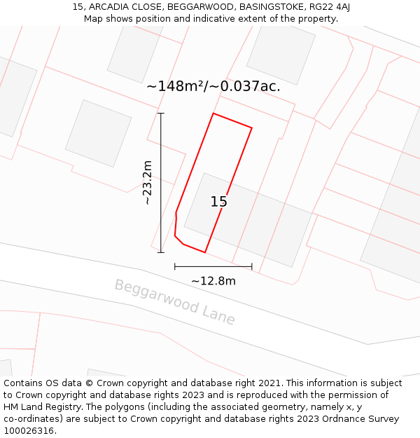15, ARCADIA CLOSE, BEGGARWOOD, BASINGSTOKE, RG22 4AJ: Plot and title map
