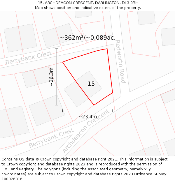 15, ARCHDEACON CRESCENT, DARLINGTON, DL3 0BH: Plot and title map