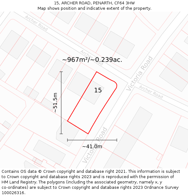 15, ARCHER ROAD, PENARTH, CF64 3HW: Plot and title map