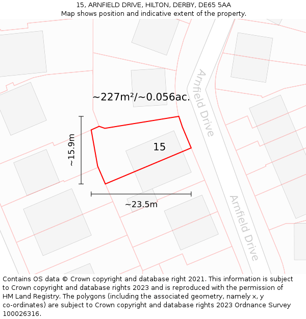 15, ARNFIELD DRIVE, HILTON, DERBY, DE65 5AA: Plot and title map