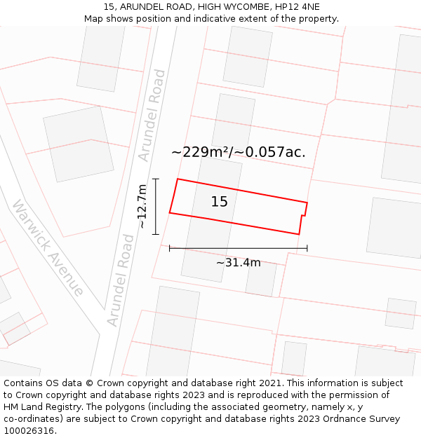 15, ARUNDEL ROAD, HIGH WYCOMBE, HP12 4NE: Plot and title map