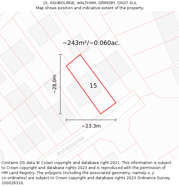 15, ASHBOURNE, WALTHAM, GRIMSBY, DN37 0UL: Plot and title map