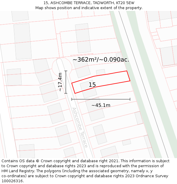 15, ASHCOMBE TERRACE, TADWORTH, KT20 5EW: Plot and title map