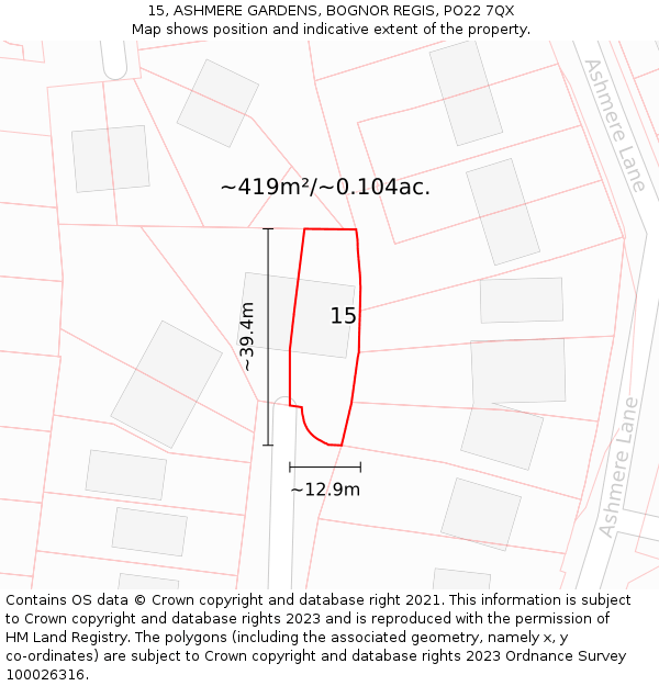 15, ASHMERE GARDENS, BOGNOR REGIS, PO22 7QX: Plot and title map