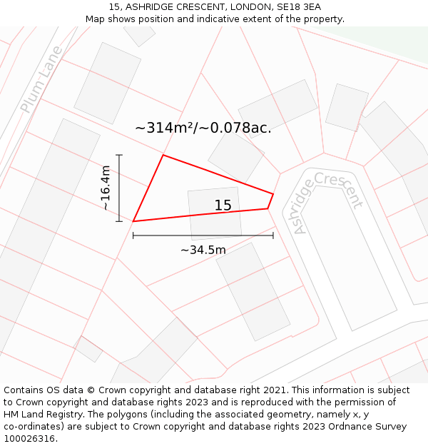 15, ASHRIDGE CRESCENT, LONDON, SE18 3EA: Plot and title map