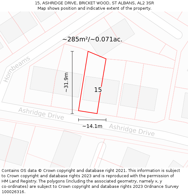 15, ASHRIDGE DRIVE, BRICKET WOOD, ST ALBANS, AL2 3SR: Plot and title map