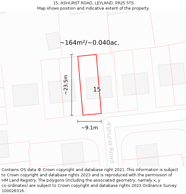 15, ASHURST ROAD, LEYLAND, PR25 5TS: Plot and title map