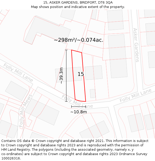 15, ASKER GARDENS, BRIDPORT, DT6 3QA: Plot and title map