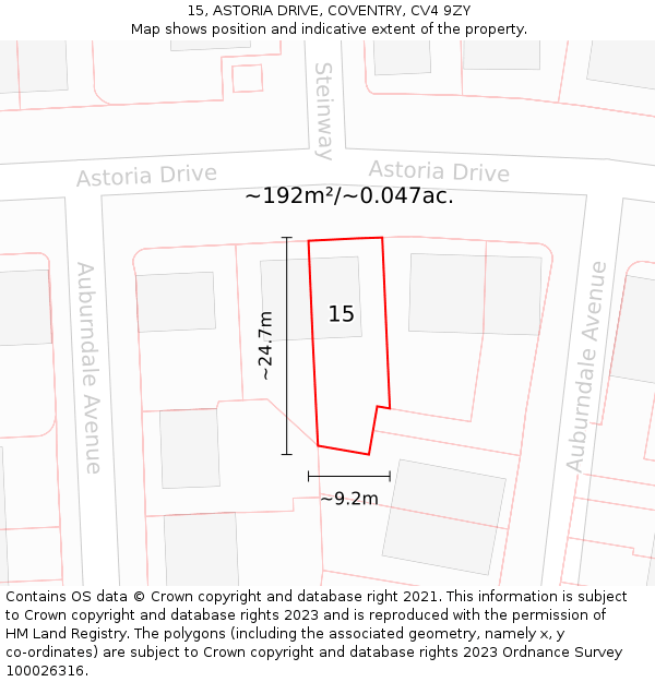 15, ASTORIA DRIVE, COVENTRY, CV4 9ZY: Plot and title map
