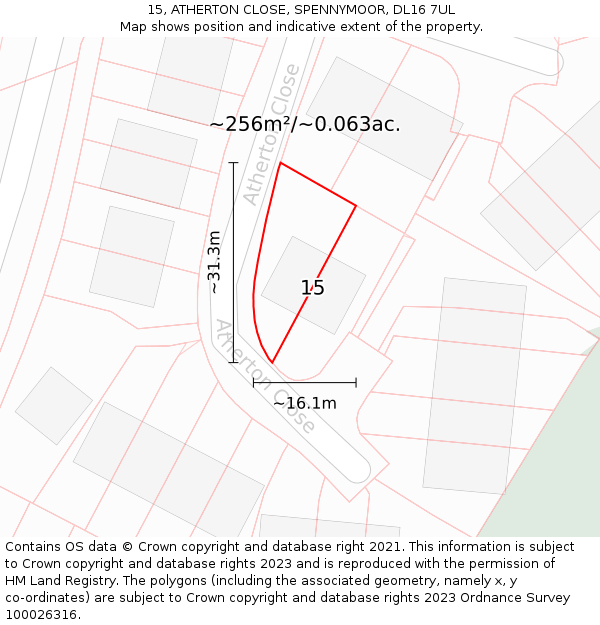 15, ATHERTON CLOSE, SPENNYMOOR, DL16 7UL: Plot and title map