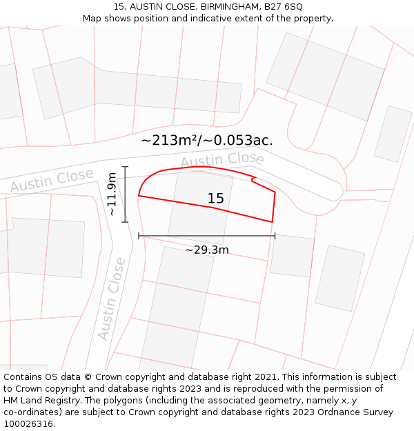 15, AUSTIN CLOSE, BIRMINGHAM, B27 6SQ: Plot and title map