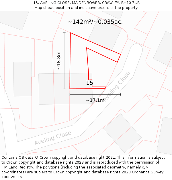 15, AVELING CLOSE, MAIDENBOWER, CRAWLEY, RH10 7UR: Plot and title map