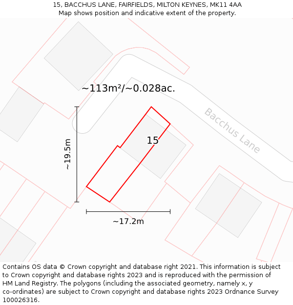 15, BACCHUS LANE, FAIRFIELDS, MILTON KEYNES, MK11 4AA: Plot and title map