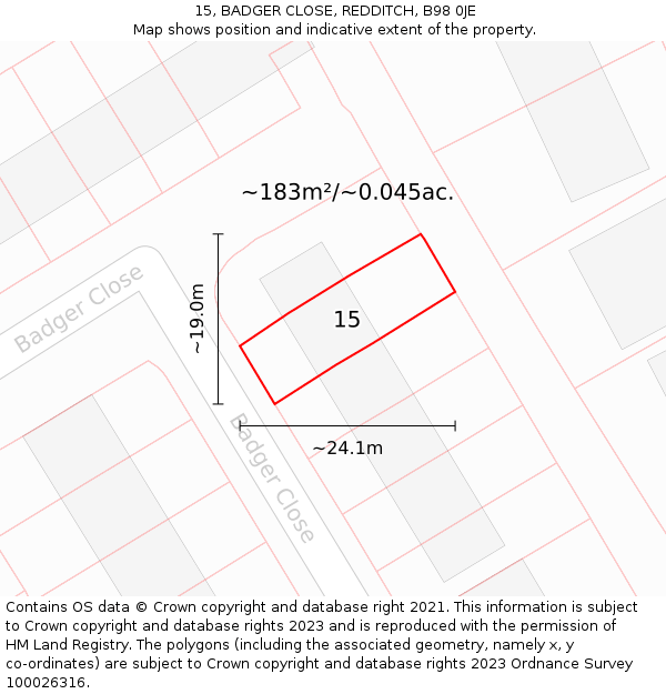 15, BADGER CLOSE, REDDITCH, B98 0JE: Plot and title map