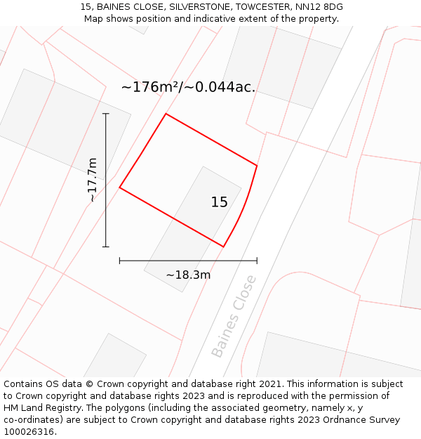 15, BAINES CLOSE, SILVERSTONE, TOWCESTER, NN12 8DG: Plot and title map