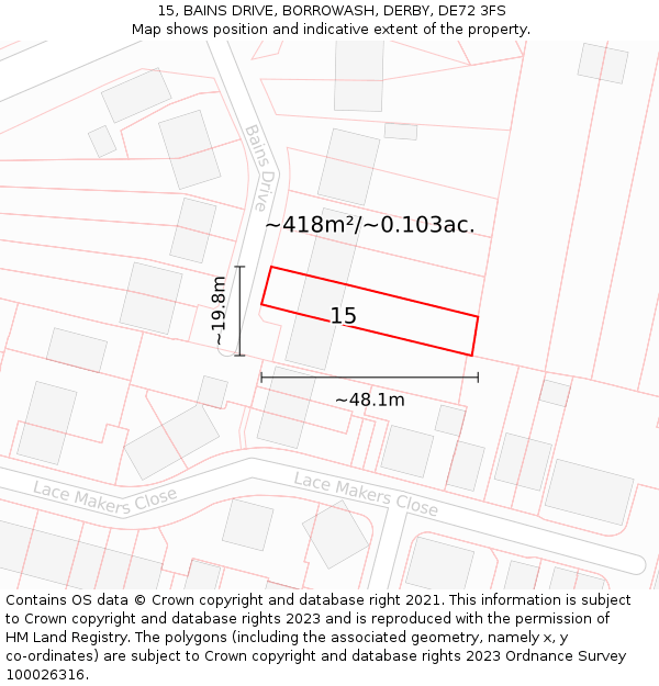 15, BAINS DRIVE, BORROWASH, DERBY, DE72 3FS: Plot and title map